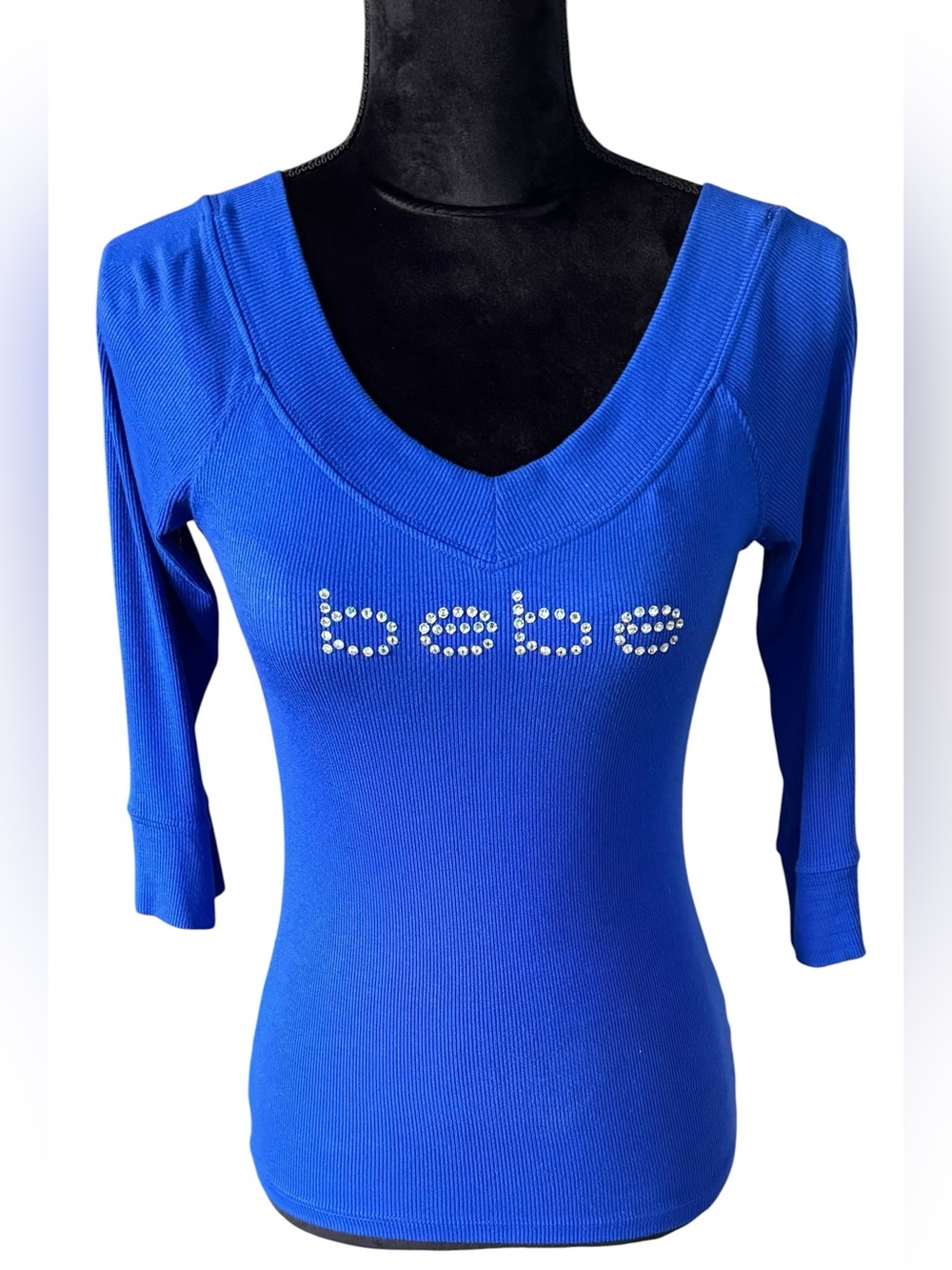 Bebe Vintage Swarovski Cobalt Blue Ribbed V-Neck 3/4 Sleeve Top M Made in USA